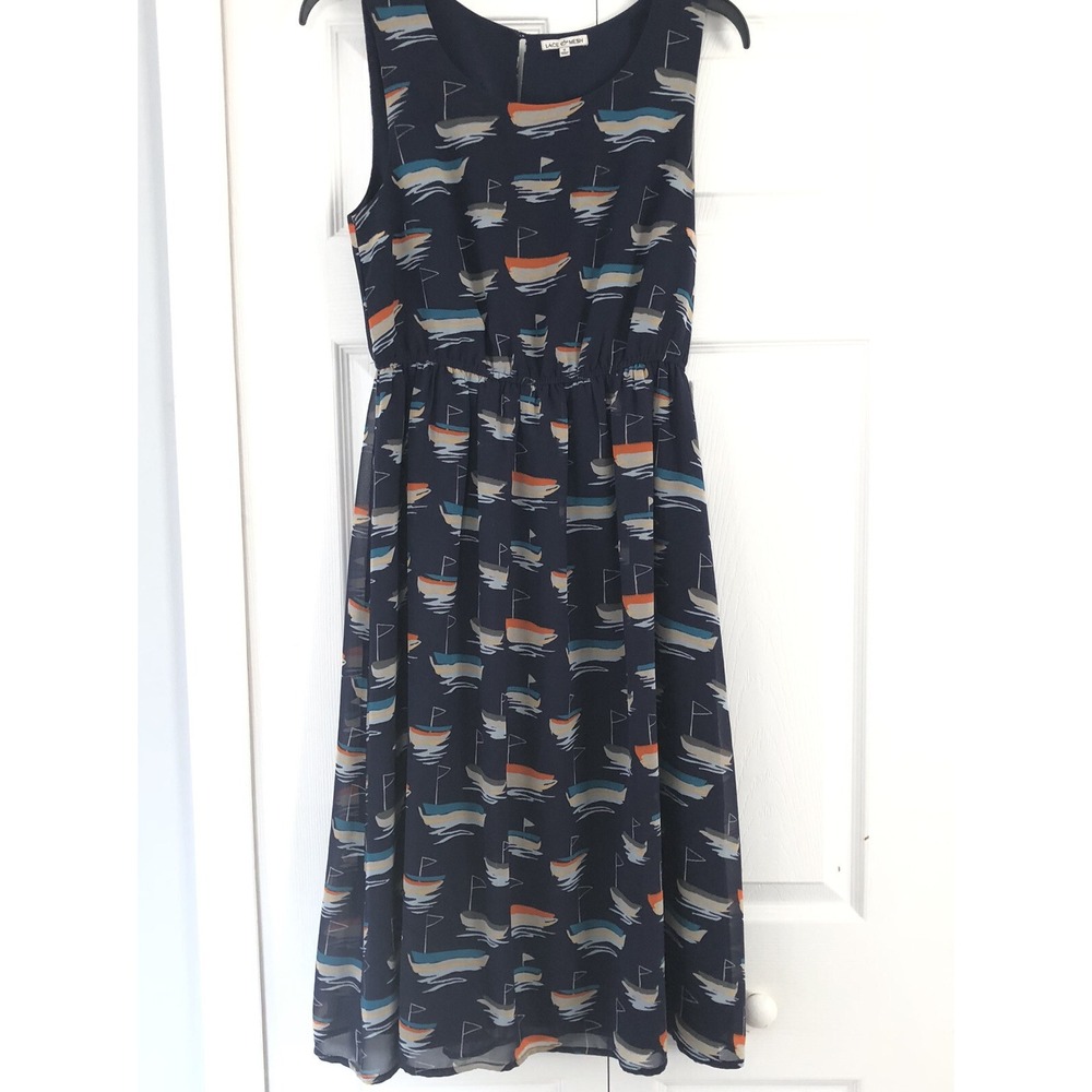 Lace & Mesh Dress Women's S Navy Chiffon‎ Sailboats Lined Sleeveless MIDI